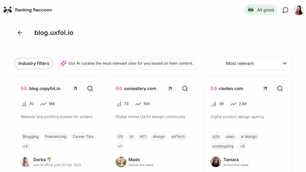 Ranking Raccoon đề xuất cho bạn các đối tác backlink tốt nhất dựa trên chủ đề và độ uy tín của website