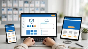 Cách cập nhật theme WordPress an toàn trên laptop hiển thị trang quản trị cùng giao diện theme responsive trên điện thoại và tablet