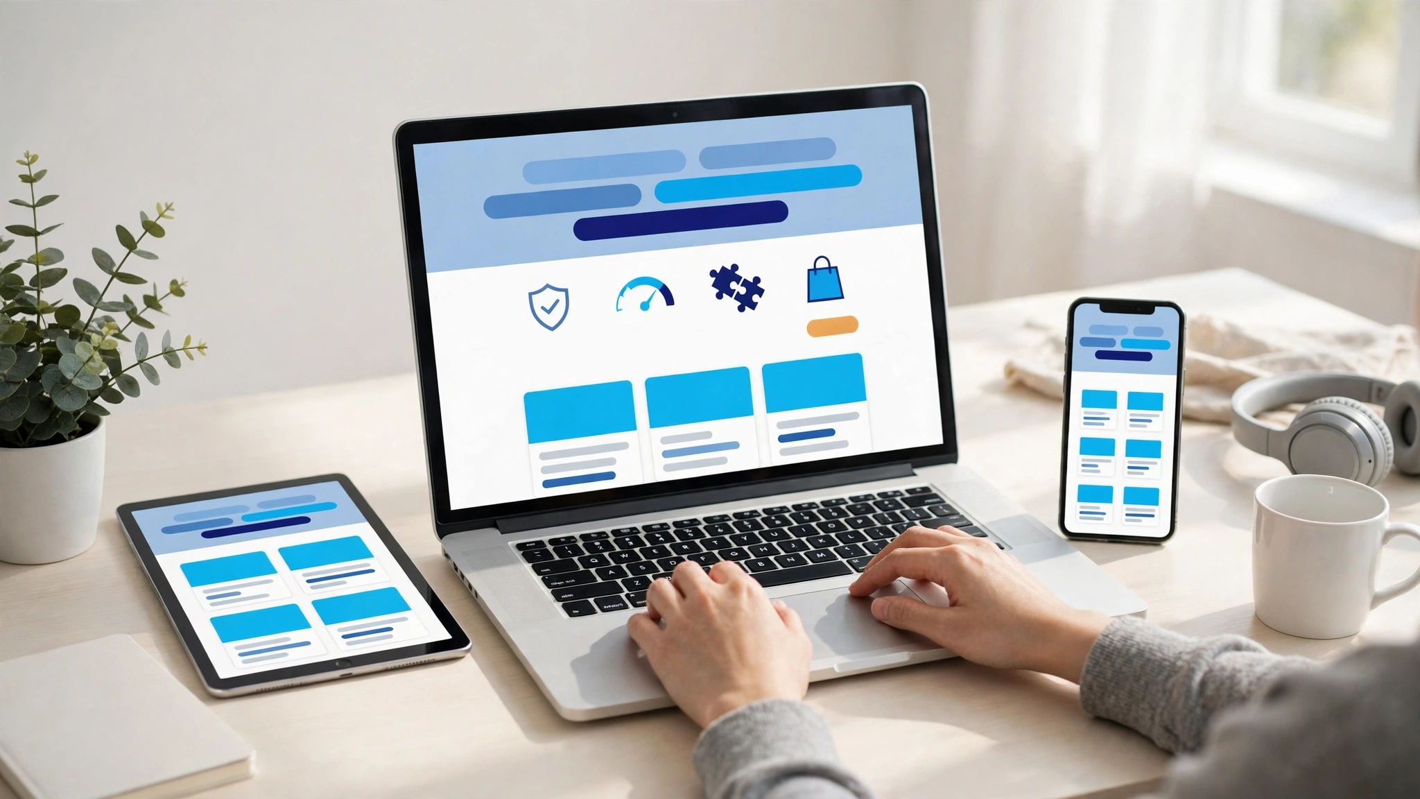 Cách cập nhật theme WordPress an toàn trên laptop, tablet và điện thoại hiển thị cùng giao diện shop blog responsive, kèm biểu tượng bảo mật và tốc độ