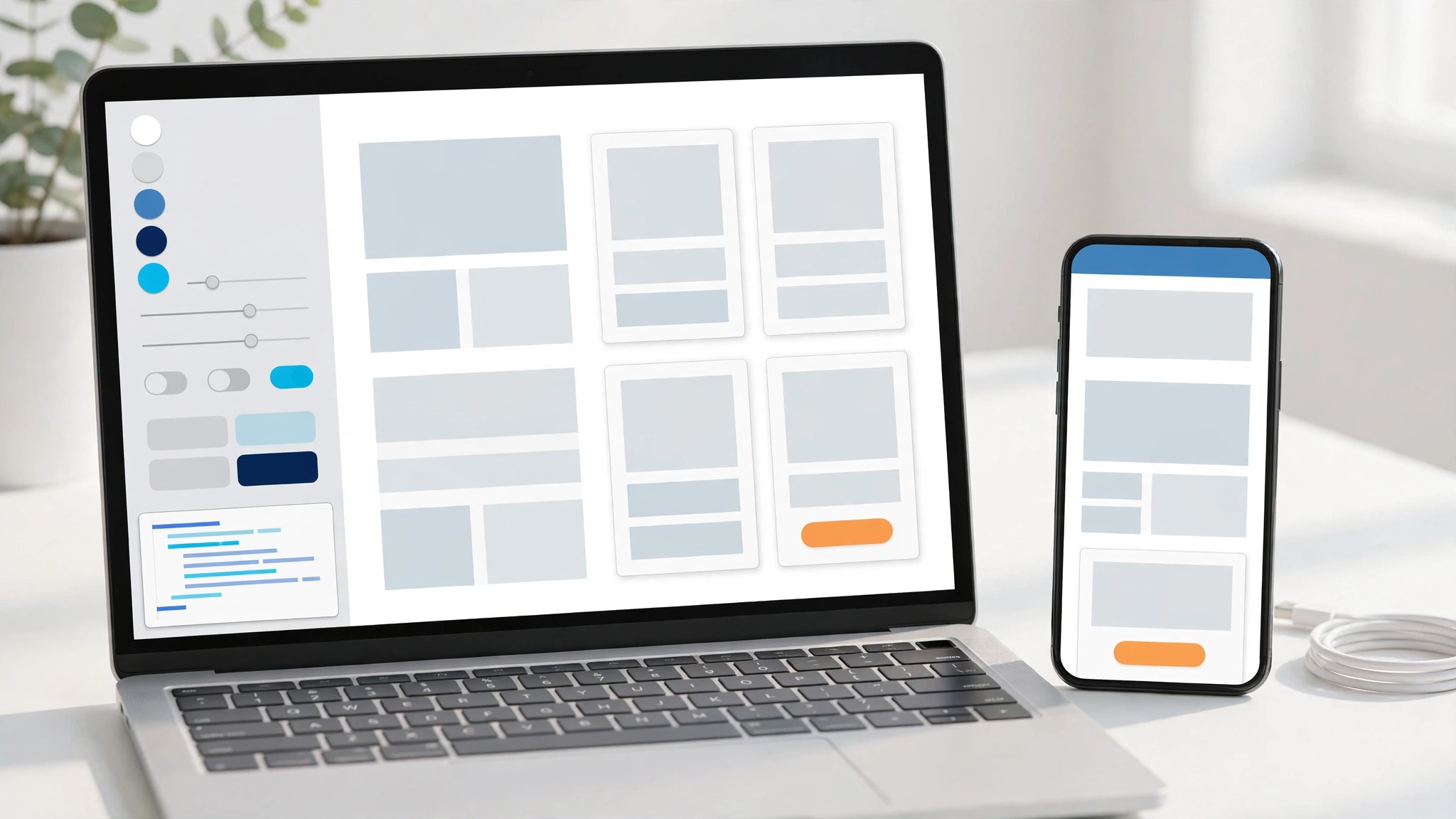 Laptop hiển thị trình tùy biến WordPress với bảng màu, font chữ và bản xem trước theme blog bán hàng để cập nhật theme WordPress không mất tùy chỉnh
