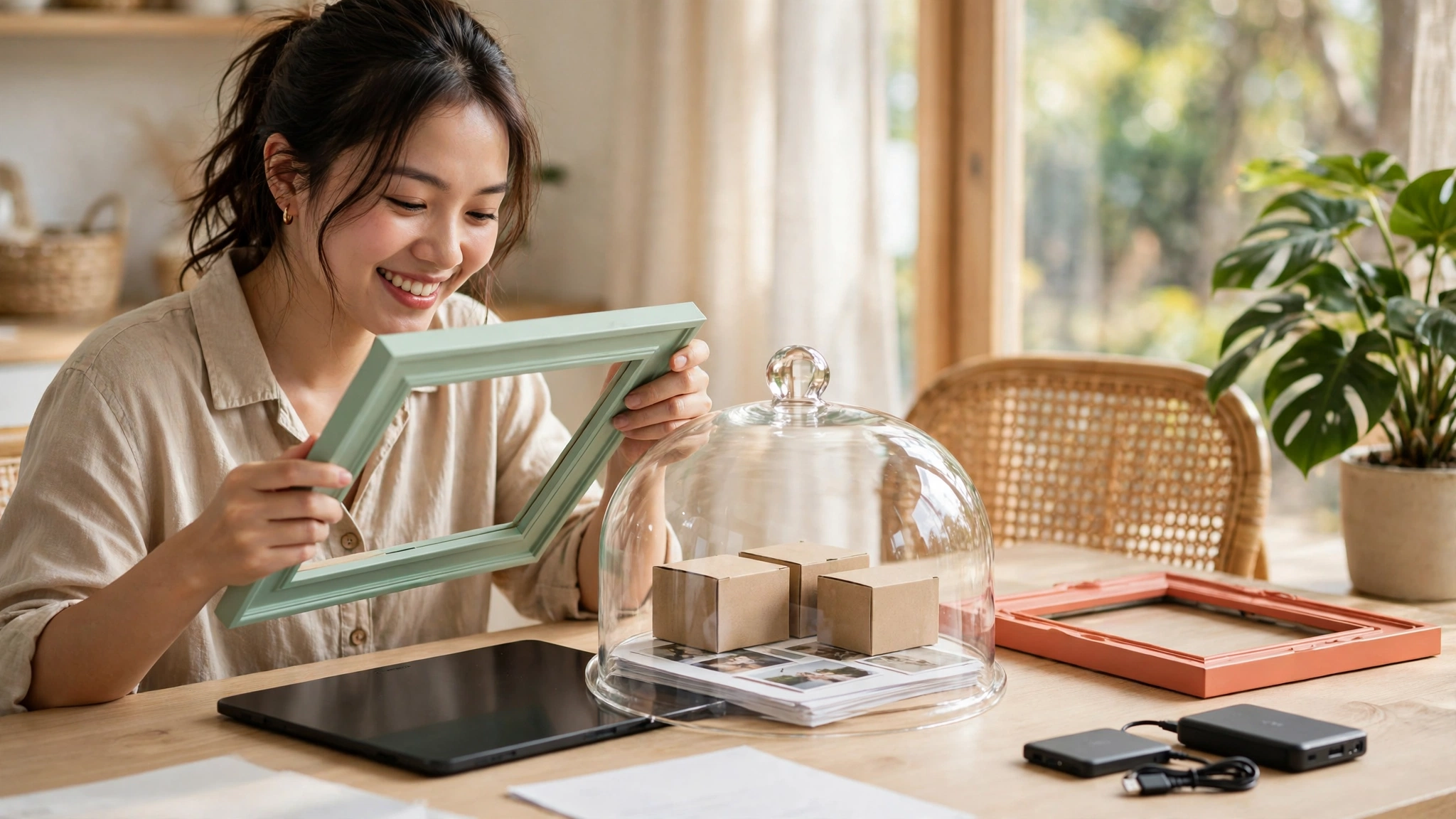 Người phụ nữ Việt thay khung giao diện mới trong khi ảnh, tài liệu và sản phẩm ở giữa vẫn nguyên vẹn, minh họa cách đổi theme WordPress không mất dữ liệu