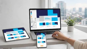 Hướng dẫn sử dụng theme WordPress trên laptop, điện thoại và tablet hiển thị cùng một giao diện demo responsive trong showroom theme trực tuyến