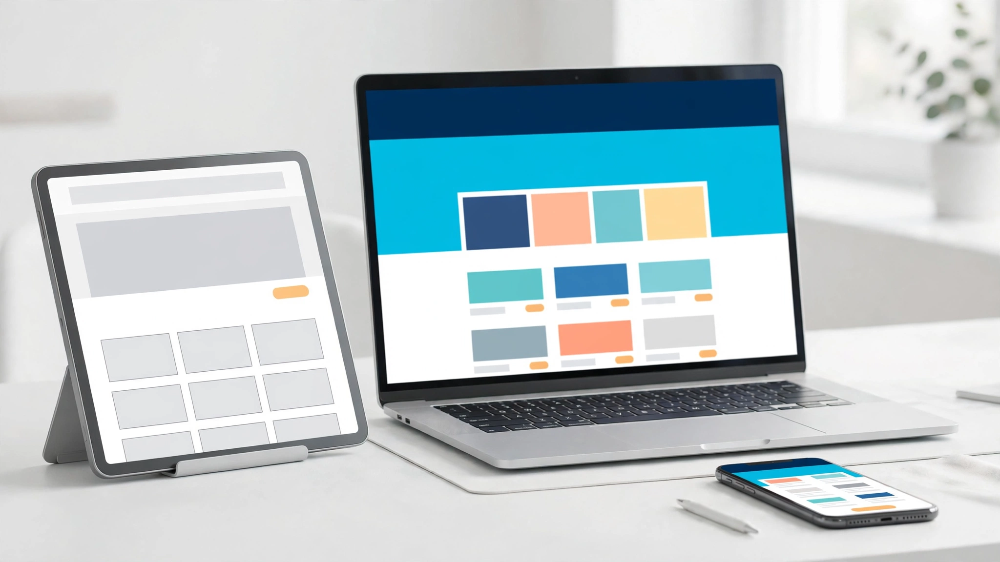 Hướng dẫn sử dụng theme WordPress với laptop, tablet và điện thoại hiển thị cùng giao diện responsive trước và sau khi import demo