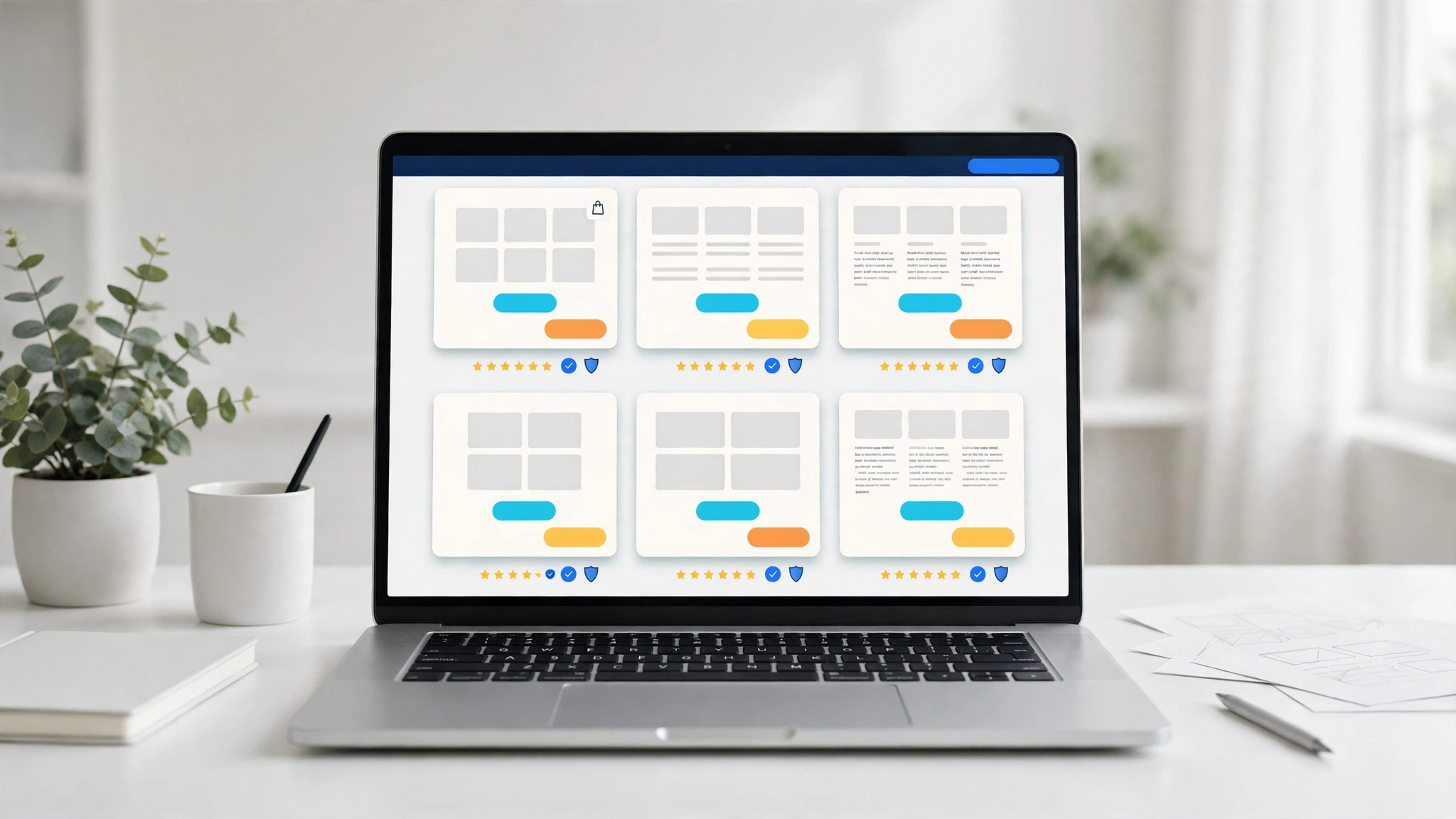 Lưới thẻ theme trên laptop trong showroom số sáng để chọn mua theme WordPress uy tín giá rẻ cho shop, blog và trang tin tức