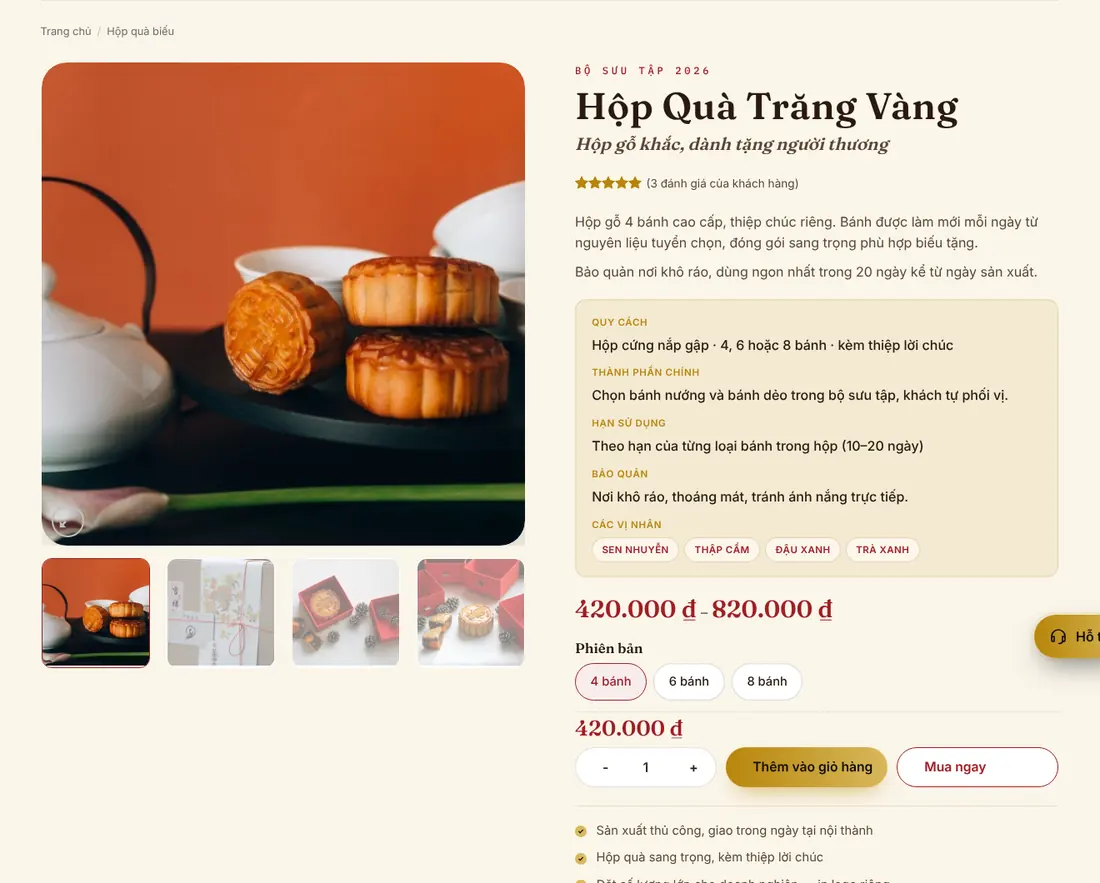 Trang chi tiết sản phẩm có chọn phiên bản – Theme WordPress bán bánh trung thu mẫu số 2