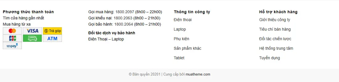 Khối chân trang và thông tin liên hệ – Theme Wordpress bán điện thoại di động mẫu số 6