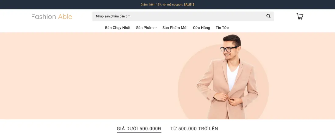 Trang chủ có thanh mã giảm giá và tab theo khoảng giá – Theme WordPress bán hàng thời trang đẹp mẫu số 22