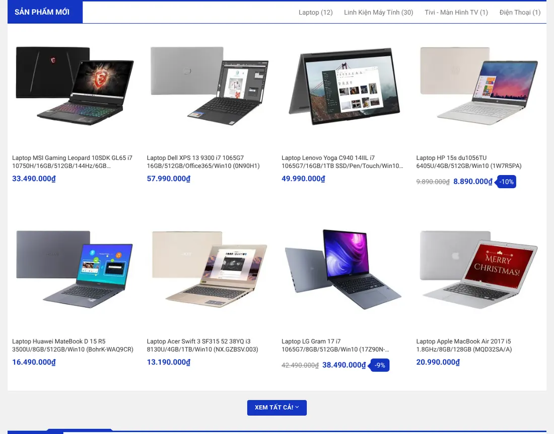 Khối sản phẩm mới có tab theo nhóm – Theme WordPress bán laptop, máy tính mẫu số 3