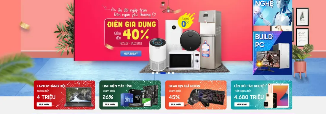 Trang chủ với slider và 4 banner ngành hàng – Theme WordPress bán laptop, máy tính mẫu số 3