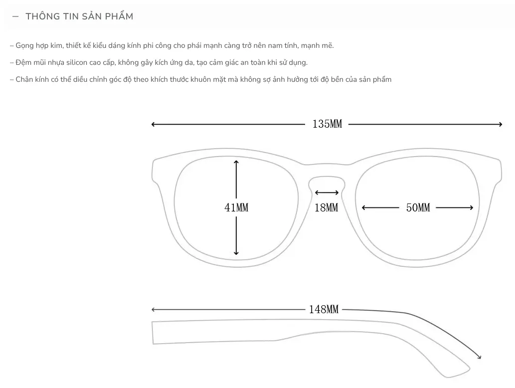 Tab thông tin sản phẩm có hình vẽ kích thước gọng – Theme WordPress bán mắt kính thời trang mẫu số 2