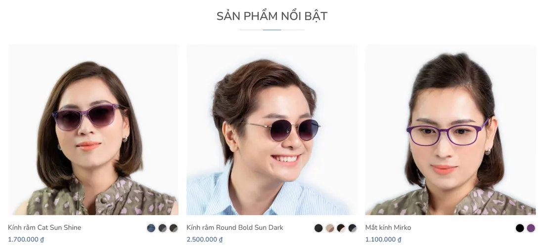Lưới sản phẩm nổi bật có chấm màu gọng – Theme WordPress bán mắt kính thời trang mẫu số 2