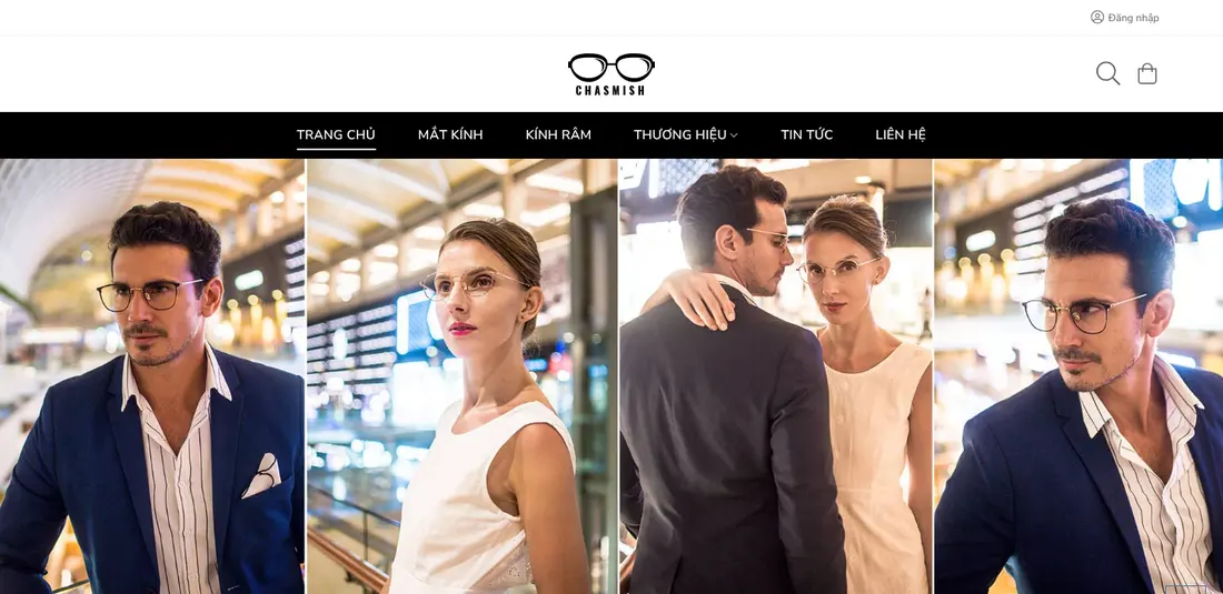 Trang chủ có menu đen và ảnh ghép người mẫu – Theme WordPress bán mắt kính thời trang mẫu số 2