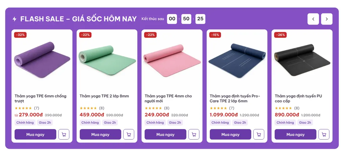 Khối flash sale – Theme WordPress bán thảm tập yoga