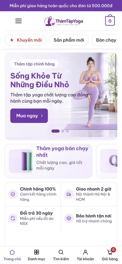 Giao diện trên điện thoại – Theme WordPress bán thảm tập yoga
