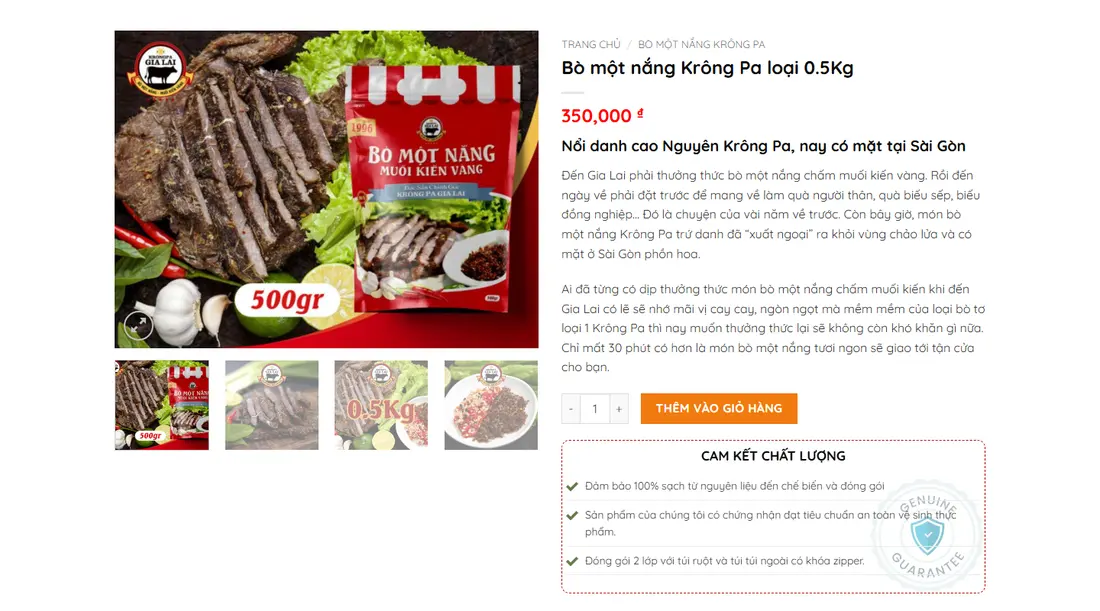 Giao diện chi tiết sản phẩm – Theme wordpress bán trâu gác bếp, bò một nắng