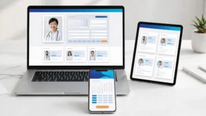 Mockup theme WordPress cho phòng khám trên laptop, điện thoại và tablet hiển thị trang đặt lịch khám và hồ sơ bác sĩ, giao diện sáng màu trắng và xanh dương
