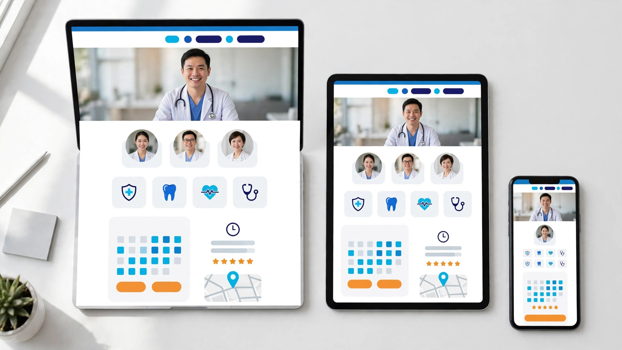 Theme WordPress cho phòng khám hiển thị đồng bộ trên laptop, tablet và điện thoại với đặt lịch khám, hồ sơ bác sĩ và đánh giá bệnh nhân