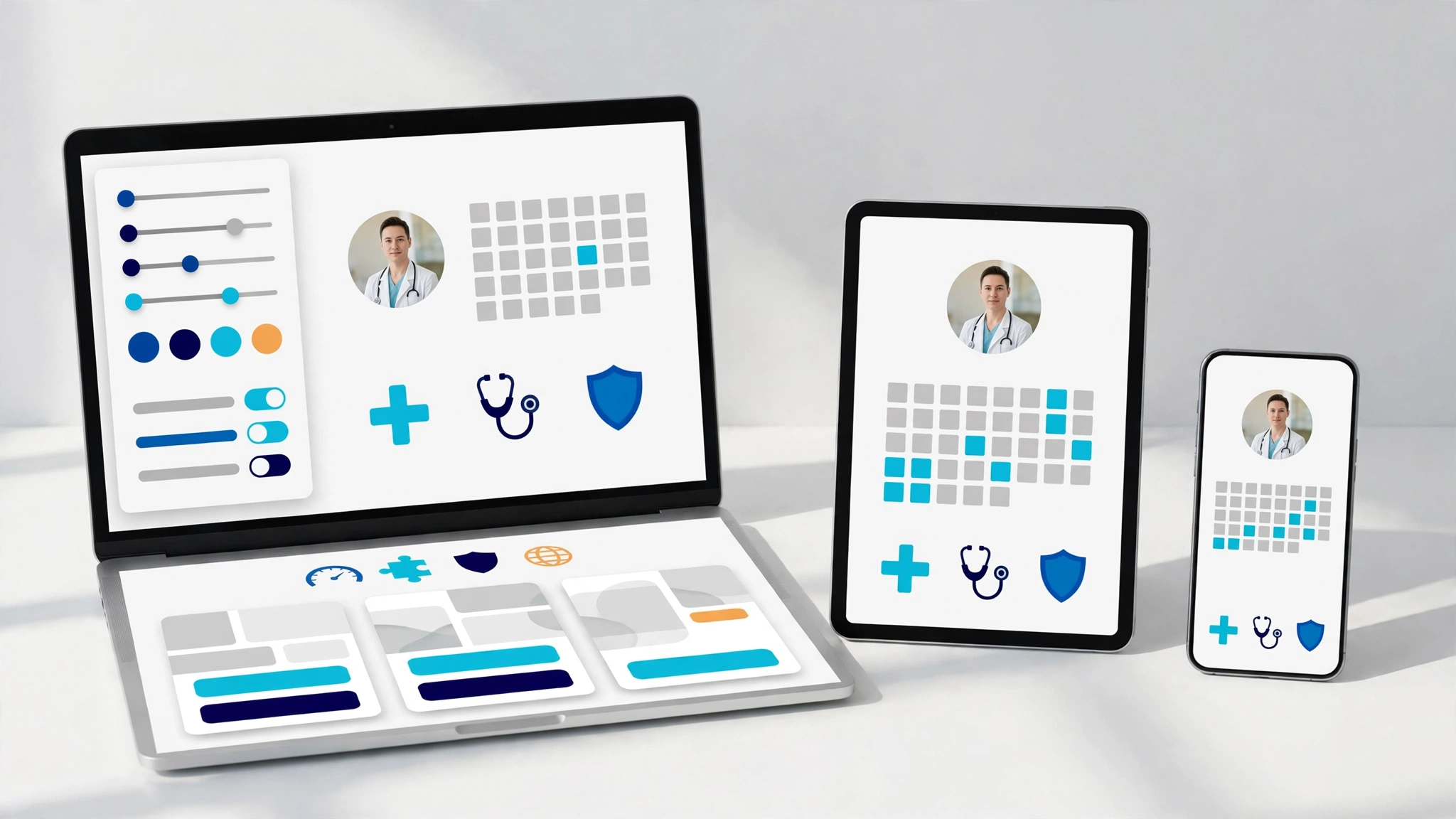 Laptop, tablet và điện thoại hiển thị trình tùy biến cùng lưới thẻ theme WordPress cho phòng khám sáng, rõ ràng và responsive