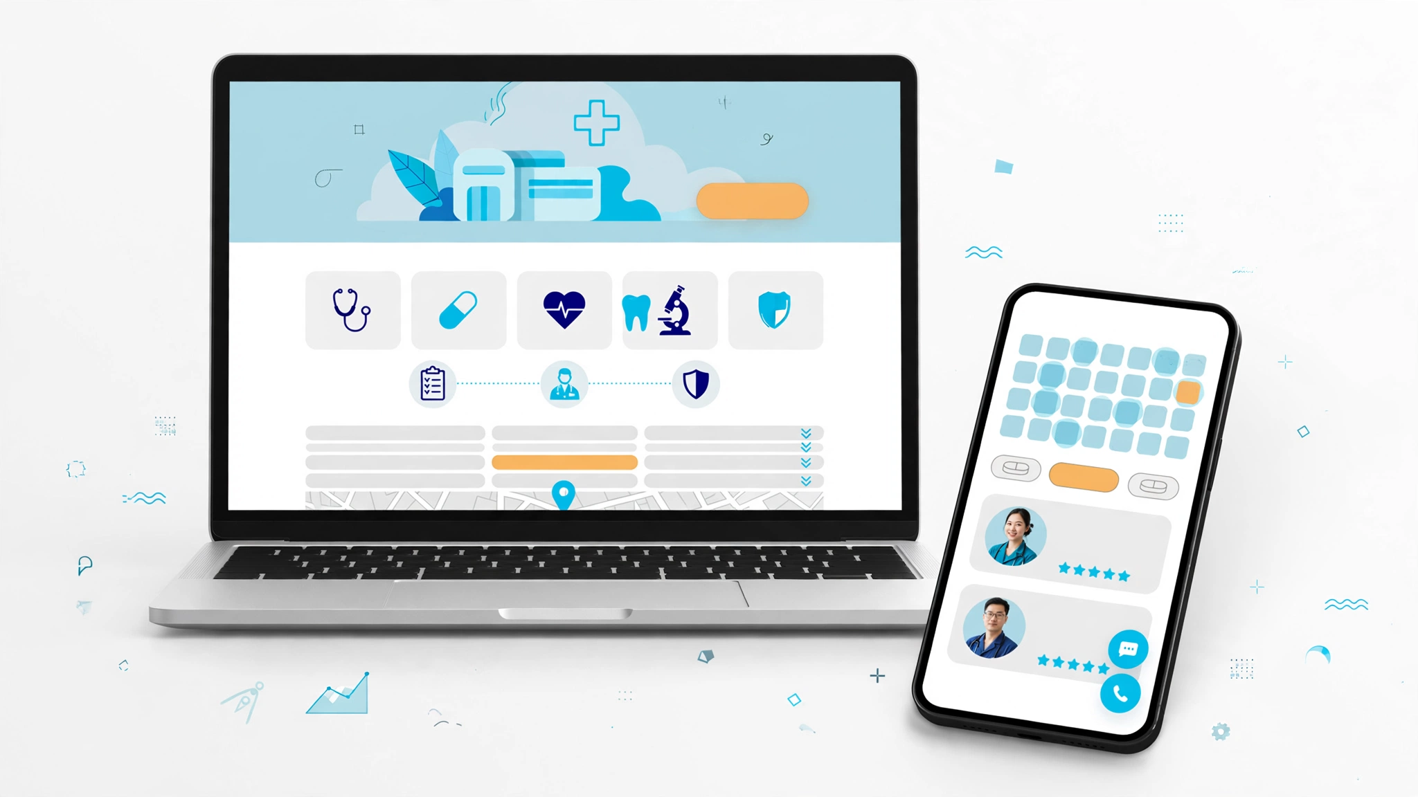 Mockup theme WordPress cho phòng khám trên laptop và điện thoại với lịch đặt khám, hồ sơ bác sĩ và danh sách dịch vụ