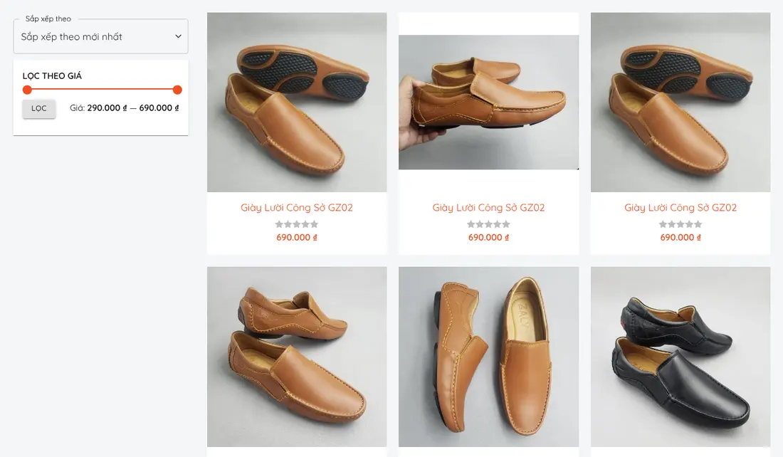 Trang cửa hàng có lọc theo giá – Theme WordPress giày da cao cấp cho nam mẫu số 6