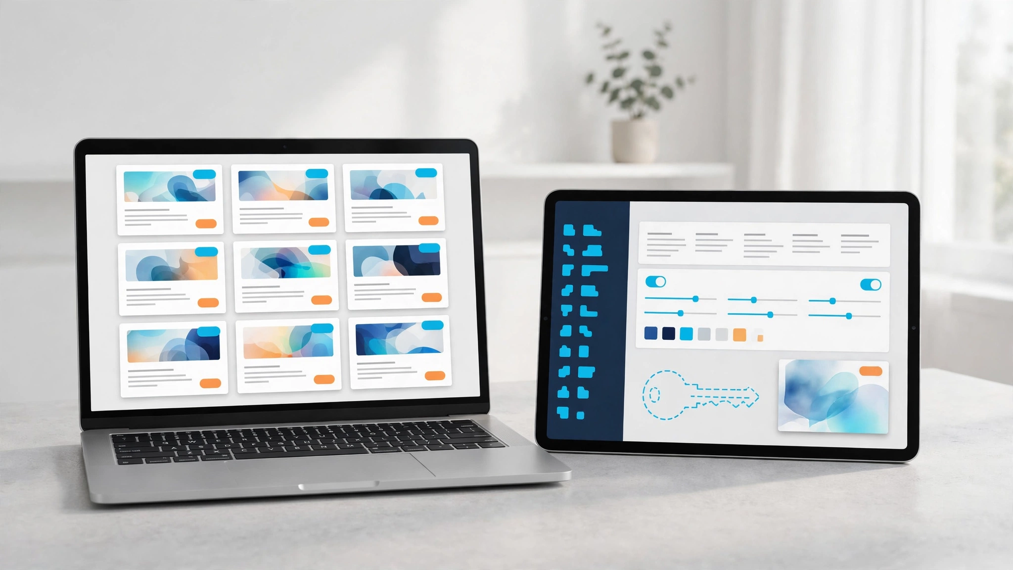 Mockup laptop và tablet hiển thị lưới thẻ theme và trang quản trị, minh họa theme WordPress nulled so với theme miễn phí hợp lệ.