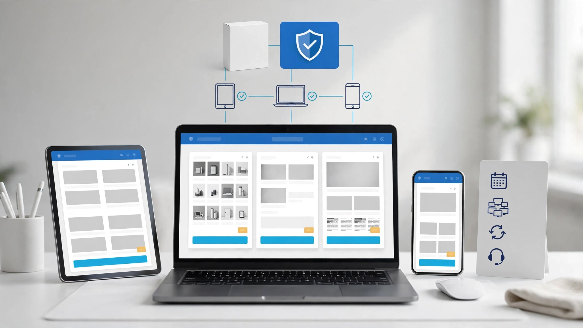Laptop và điện thoại hiển thị lưới thẻ theme WordPress cho shop, blog và tin tức, minh họa theme share license hợp lệ cho nhiều website