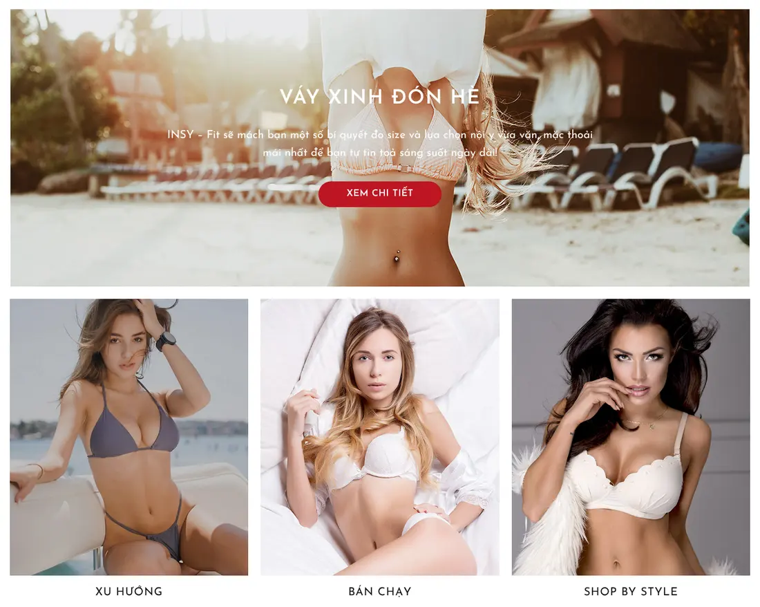 Trang chủ với banner và 3 ô danh mục ảnh – Theme WordPress thời trang bán bikini, nội y