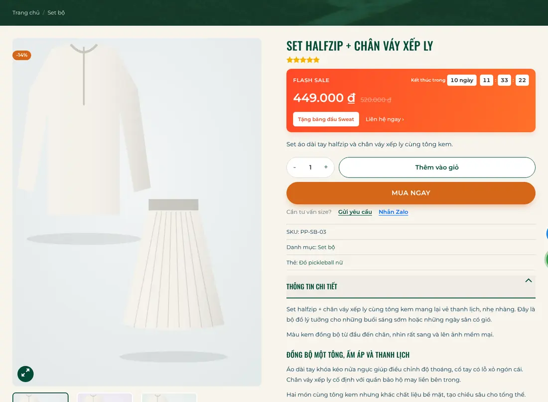 Trang chi tiết sản phẩm có Flash Sale đếm ngược – Theme WordPress thời trang số 35 Pickle Ball