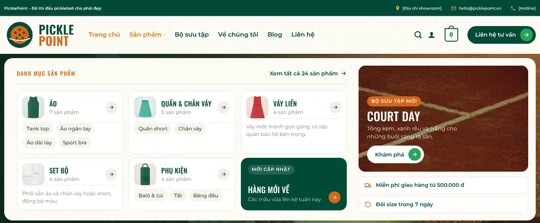 Mega menu danh mục sản phẩm – Theme WordPress thời trang số 35 Pickle Ball