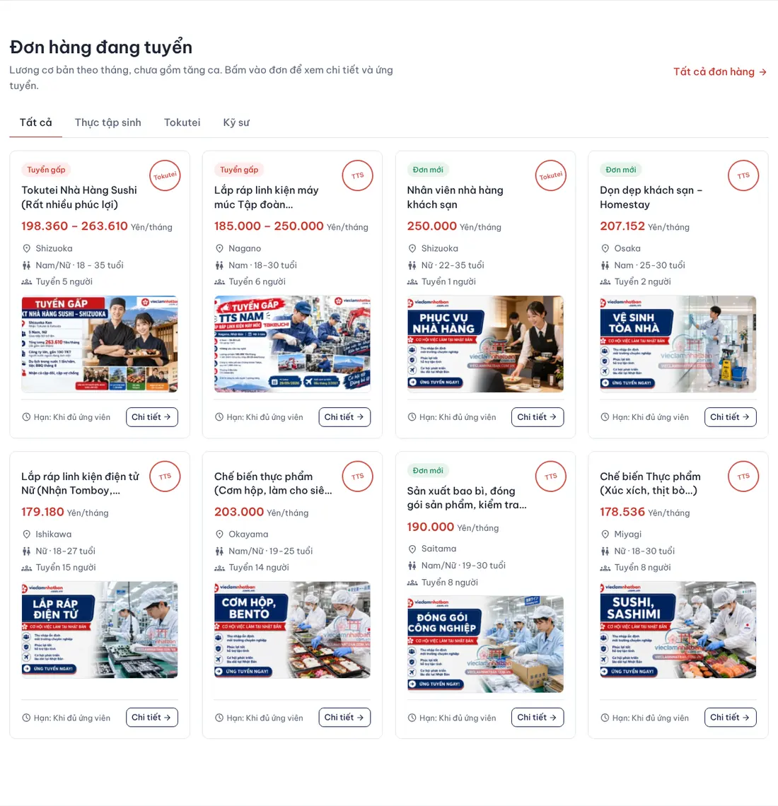 Khối đơn hàng đang tuyển trên trang chủ – Theme WordPress tuyển dụng việc làm Nhật Bản JapanJob